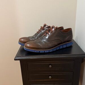 Men's Zero Grand Brown Leather Wingtip Shoes with Blue Sole